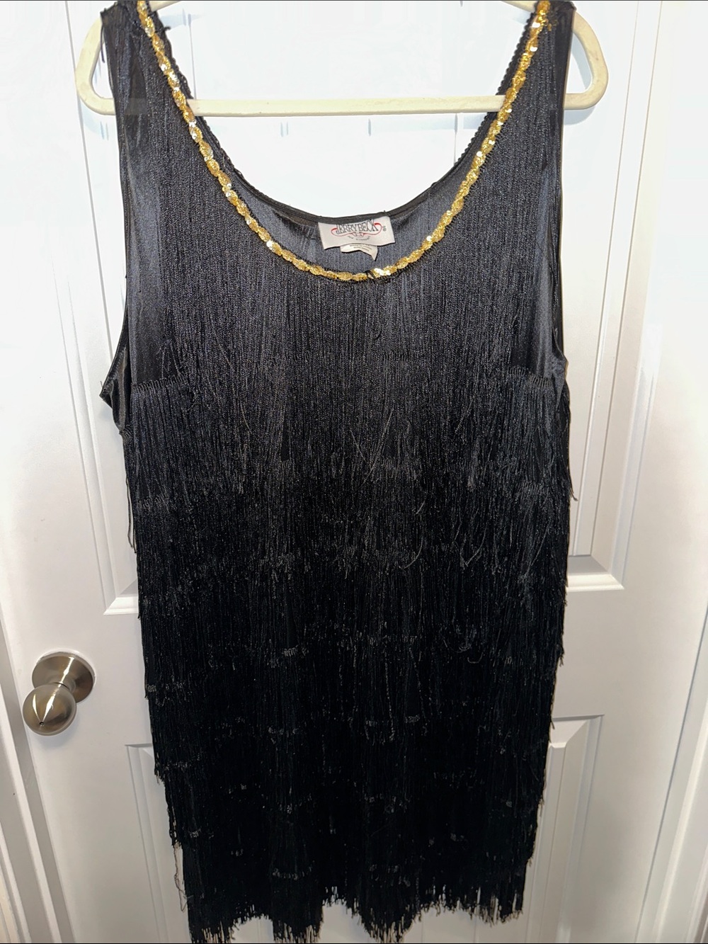 Black Fringe Flapper Style Dress with Gold Trim